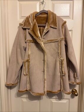 Womens Beige Faux Shearling Coat with Trim